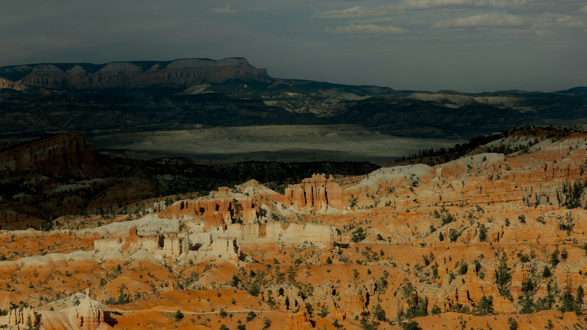 A panoramic, elevated view of the orange and white hoodoo rock formations in the natural amphitheater of Bryce Canyon National Park under a partly cloudy sky.