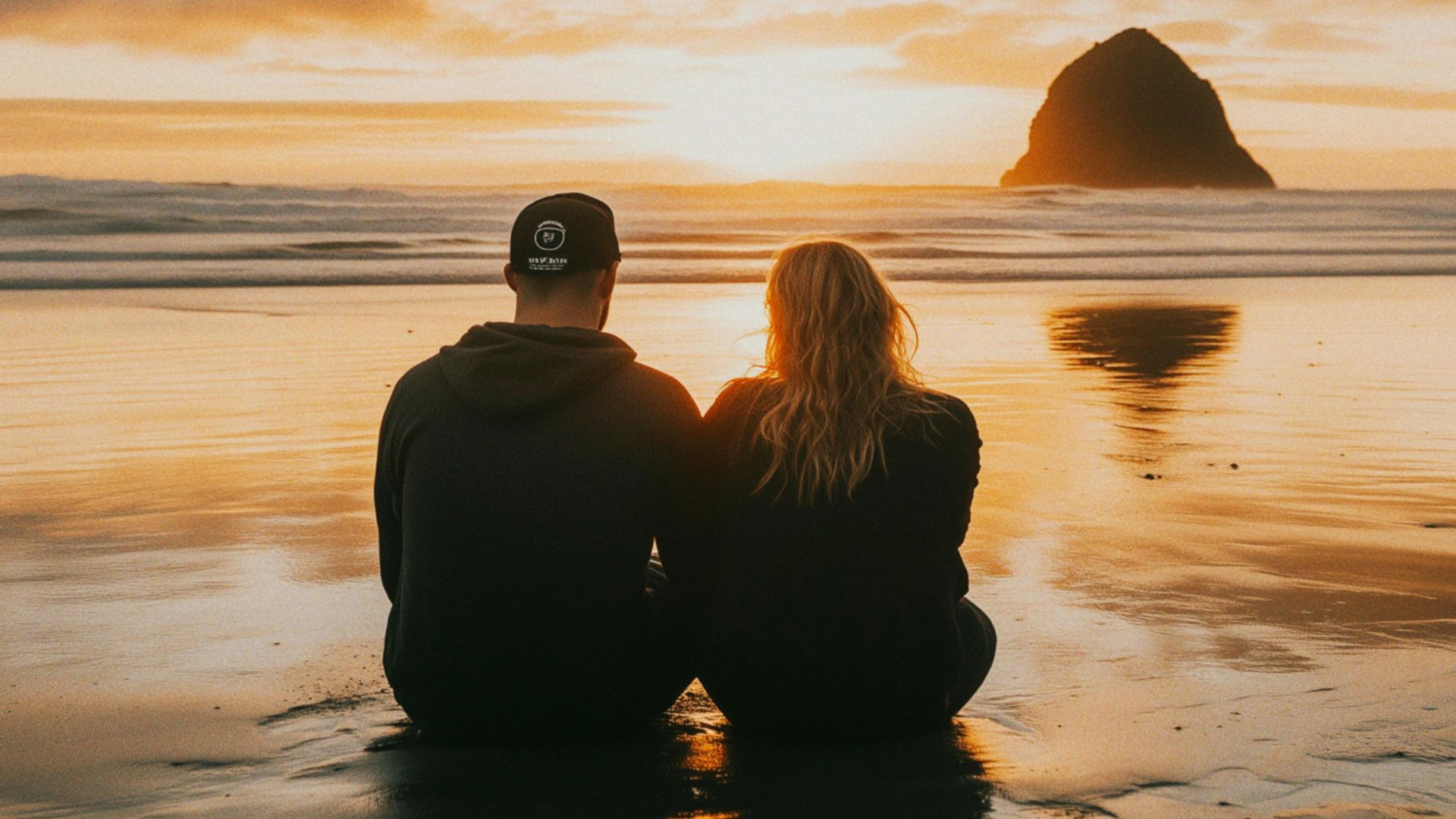 A couple sits on the wet sand of Cannon Beach at sunset, silhouetted against the bright sky and a large, iconic sea stack known as Haystack Rock.