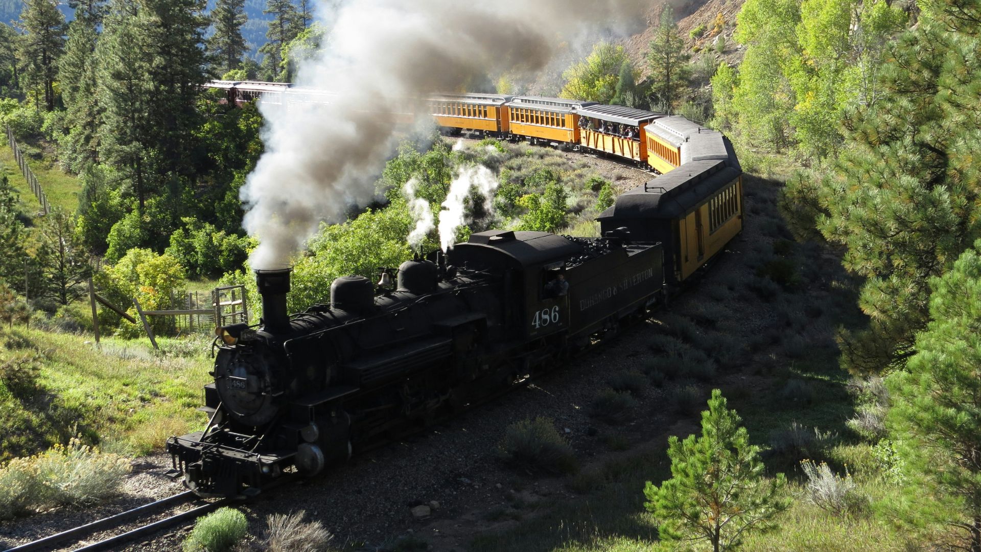 A black steam locomotive (No. 486) pulls yellow passenger cars around a curve on a mountain track, emitting a large plume of white smoke amidst green trees and a mountainous landscape.