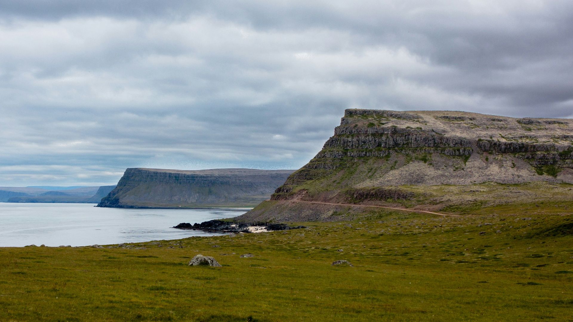 A vast, green, grassy field leads down to a dark rocky beach and calm bay, which is framed by towering, flat-topped cliffs under a heavily clouded sky in the Westfjords of Iceland.