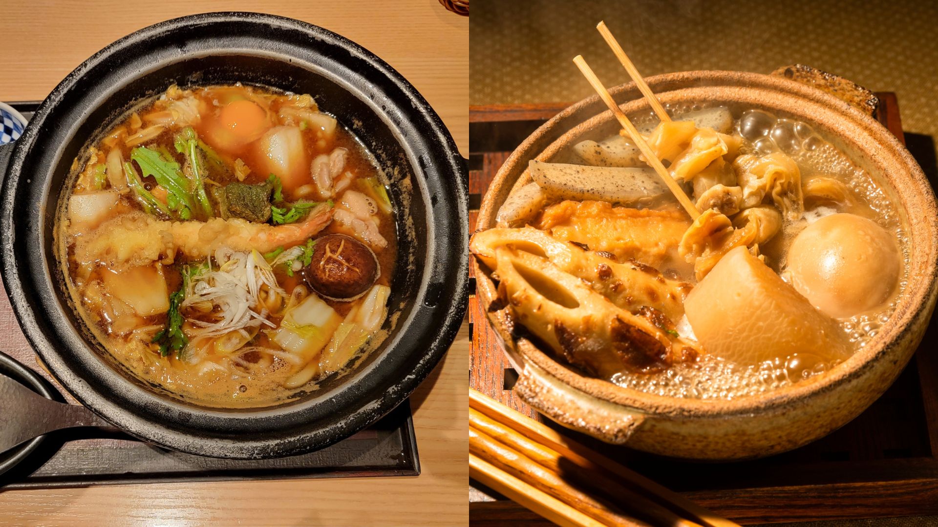 A split image of two Japanese hot pot dishes: a Nabe with various ingredients in a dark pot on the left, and an Oden stew with daikon radish, egg, and fishcakes in a lighter clay pot on the right.