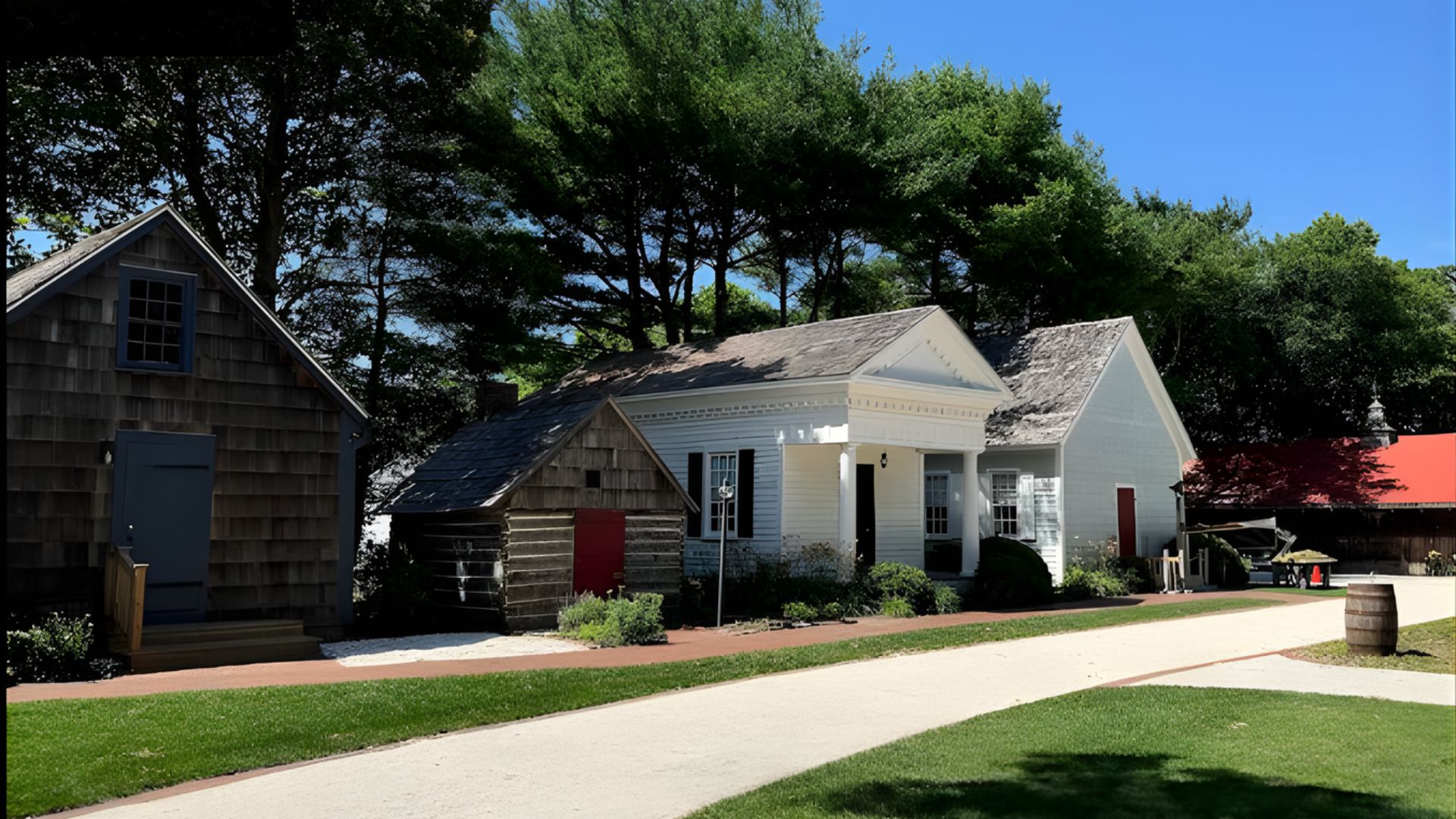 A view of several historic, shingled and white-painted wooden buildings at the Lewes Historical Society campus.
