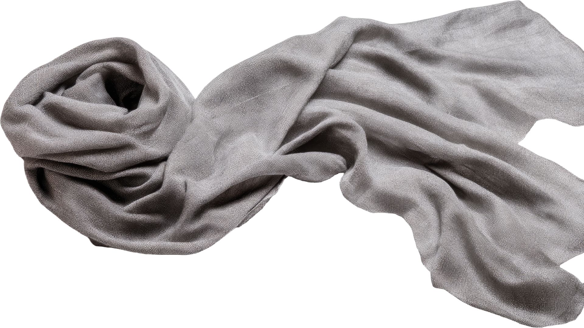 A light gray cashmere scarf is draped in a flowing style with one end loosely wrapped.