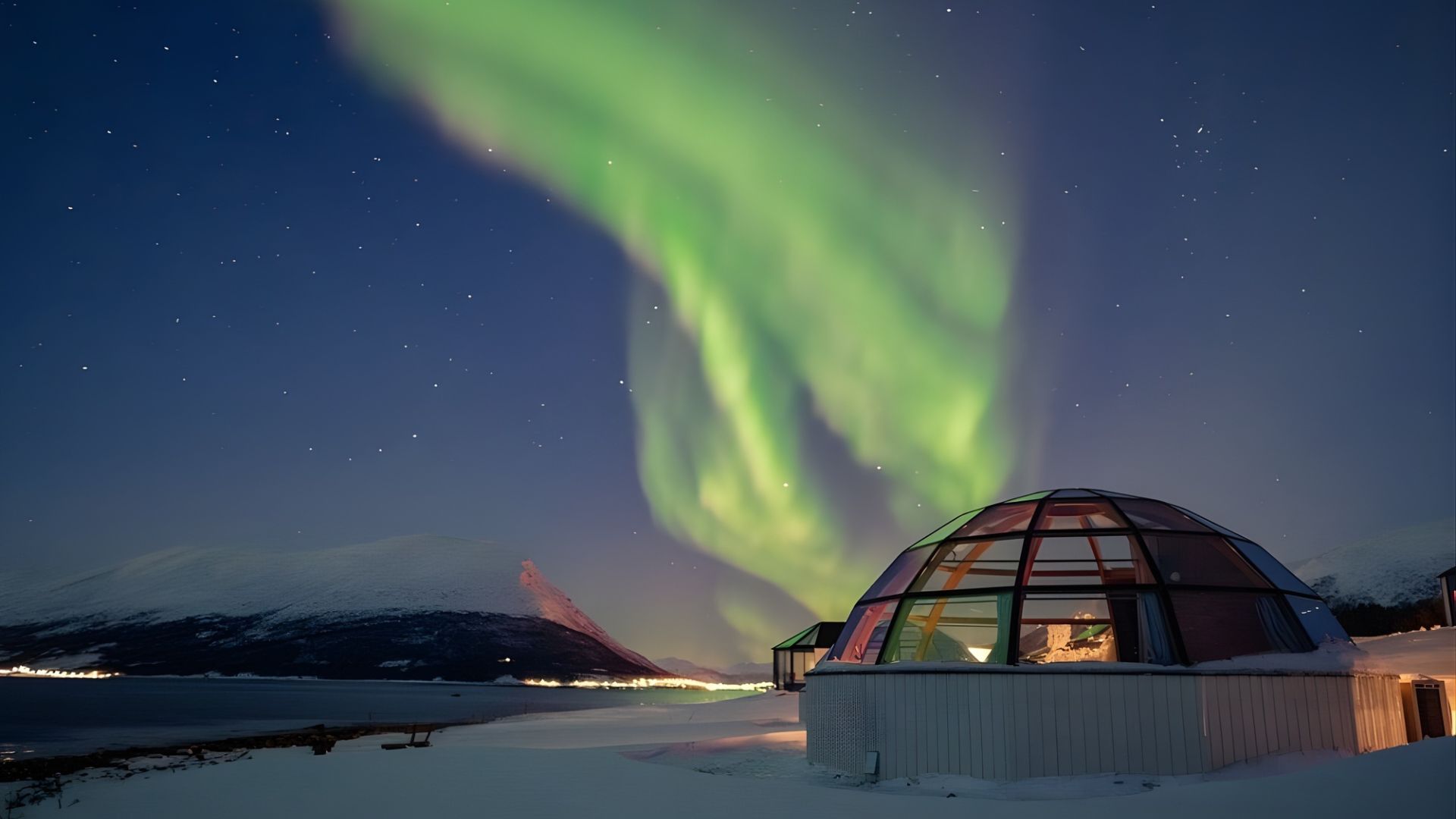 A dome-shaped glass igloo is brightly lit from within at night, sitting in deep snow by the calm water of a fjord. Above it, vibrant green streaks of the Aurora Borealis dance in a starry sky, with large snow-covered mountains visible in the background.