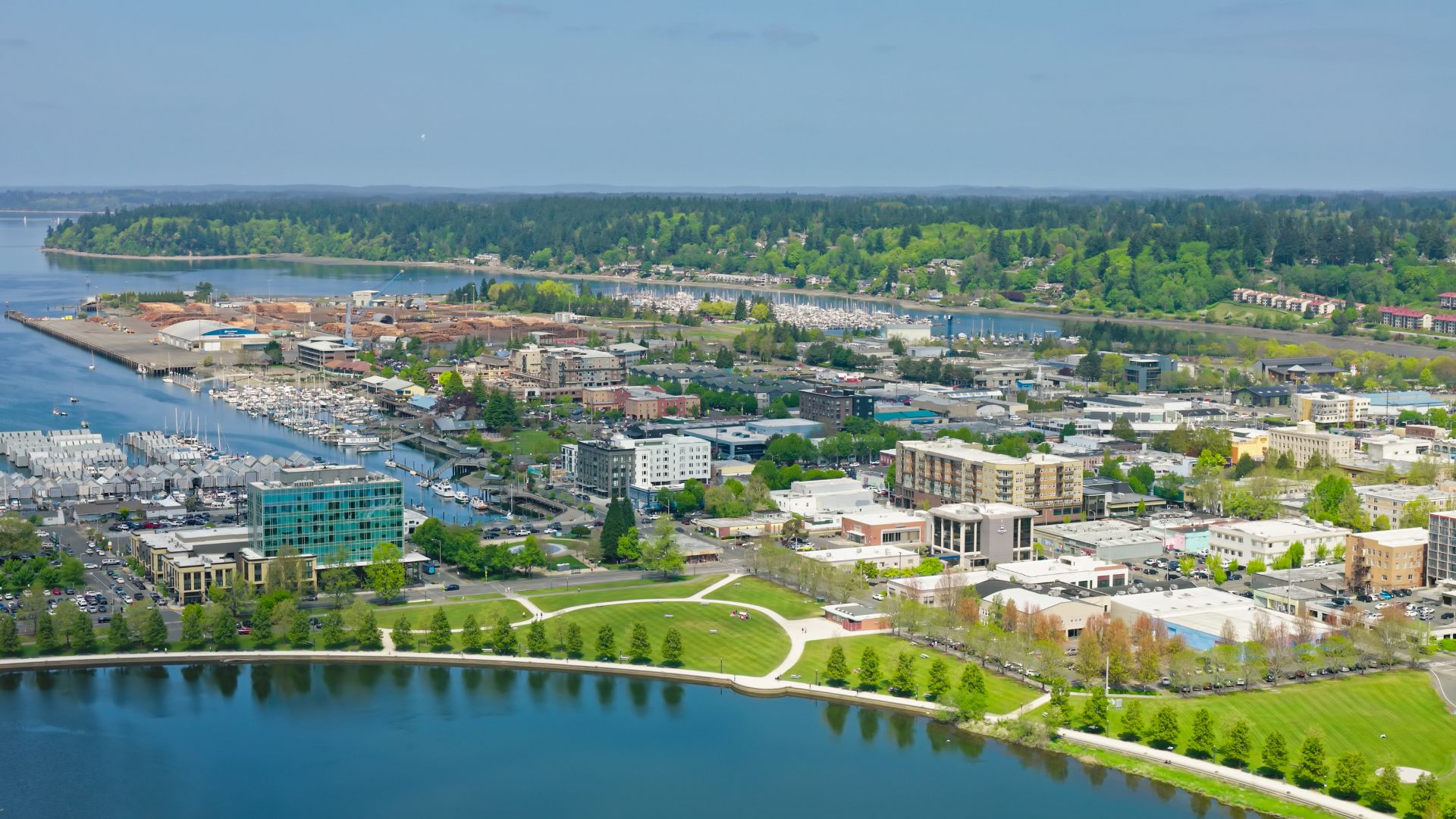 An aerial daytime view of a bustling waterfront city featuring a marina filled with boats, a modern green glass building, a large curving grassy park in the foreground, and a lush evergreen forest lining the far shore under a light blue sky.