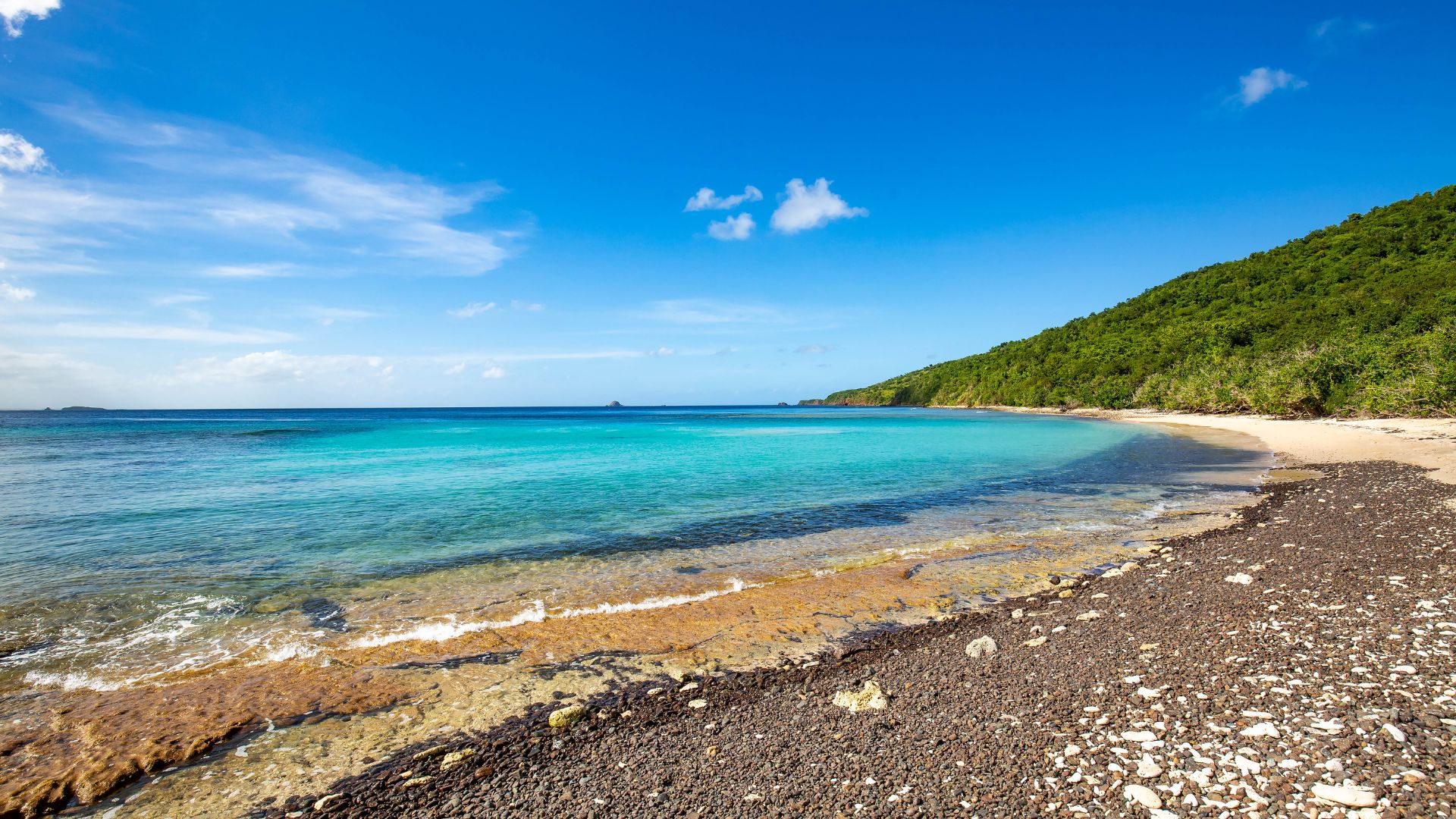 A panoramic view of Tampico Beach in Culebra, Puerto Rico, featuring clear turquoise water, a rocky and sandy shoreline, and a lush green, tree-covered hill under a bright blue sky with white clouds.