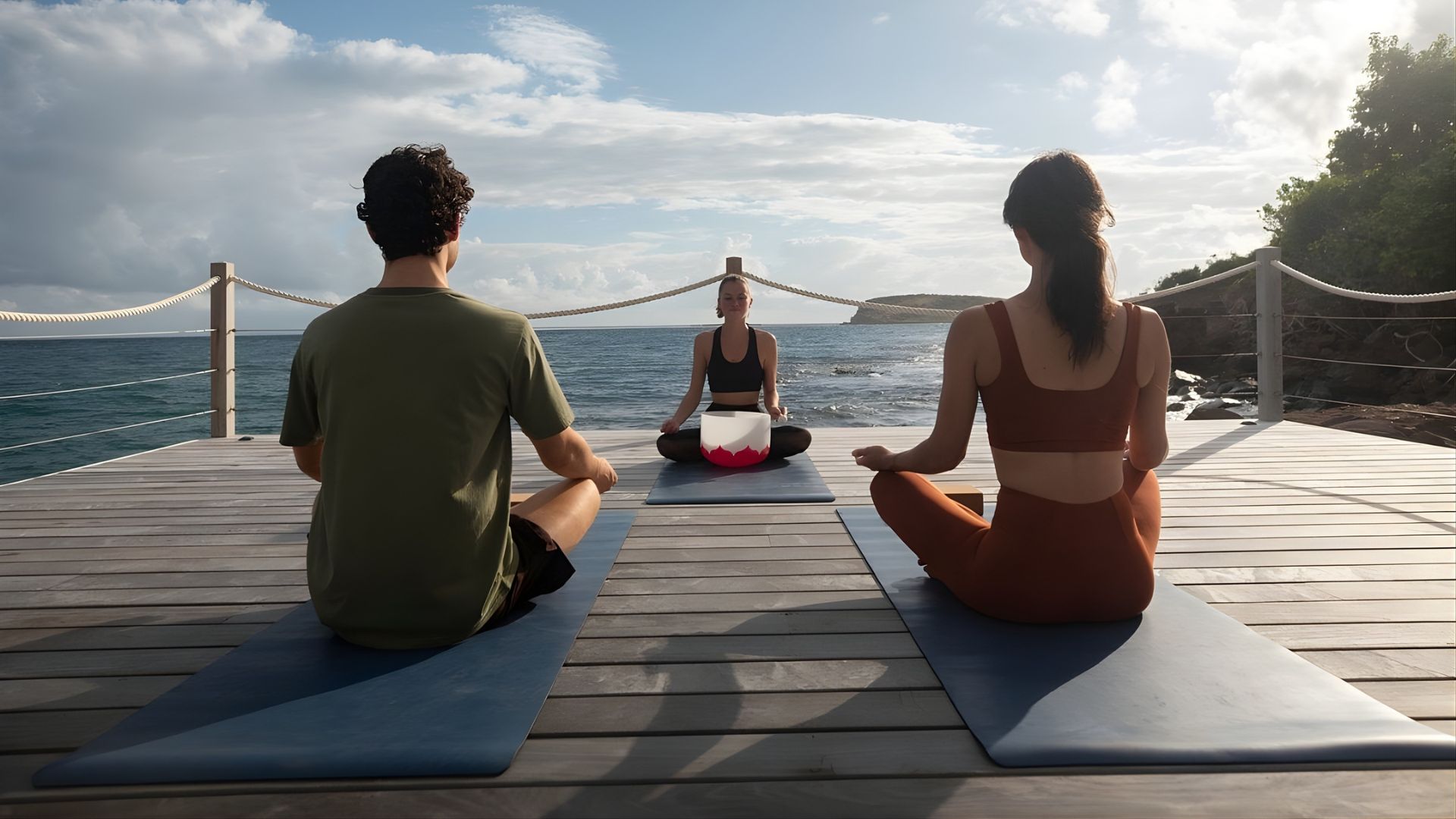 Three people sit in meditation in a seated yoga pose on individual mats on a wooden deck over the ocean, surrounded by water and coastal foliage under a bright sky.