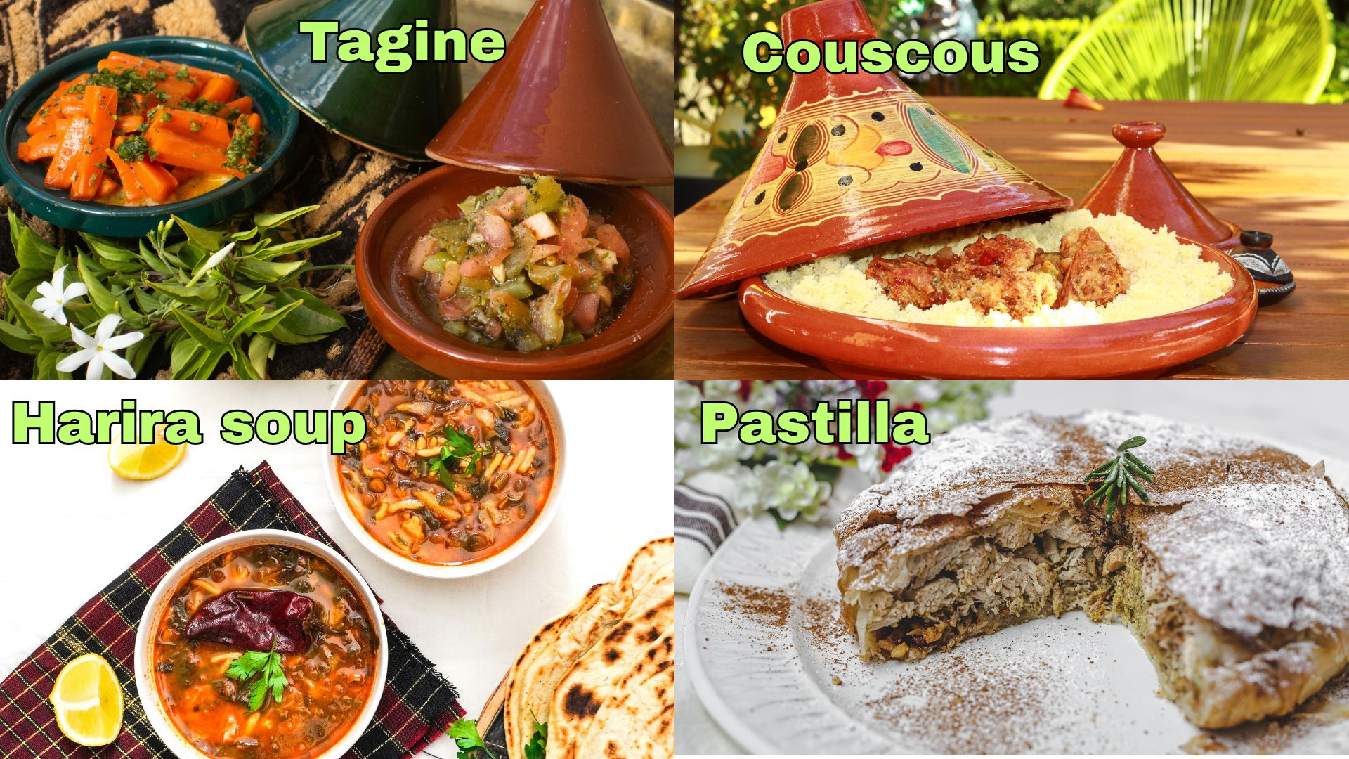 Tagine, Couscous, Harira soup, and Pastilla