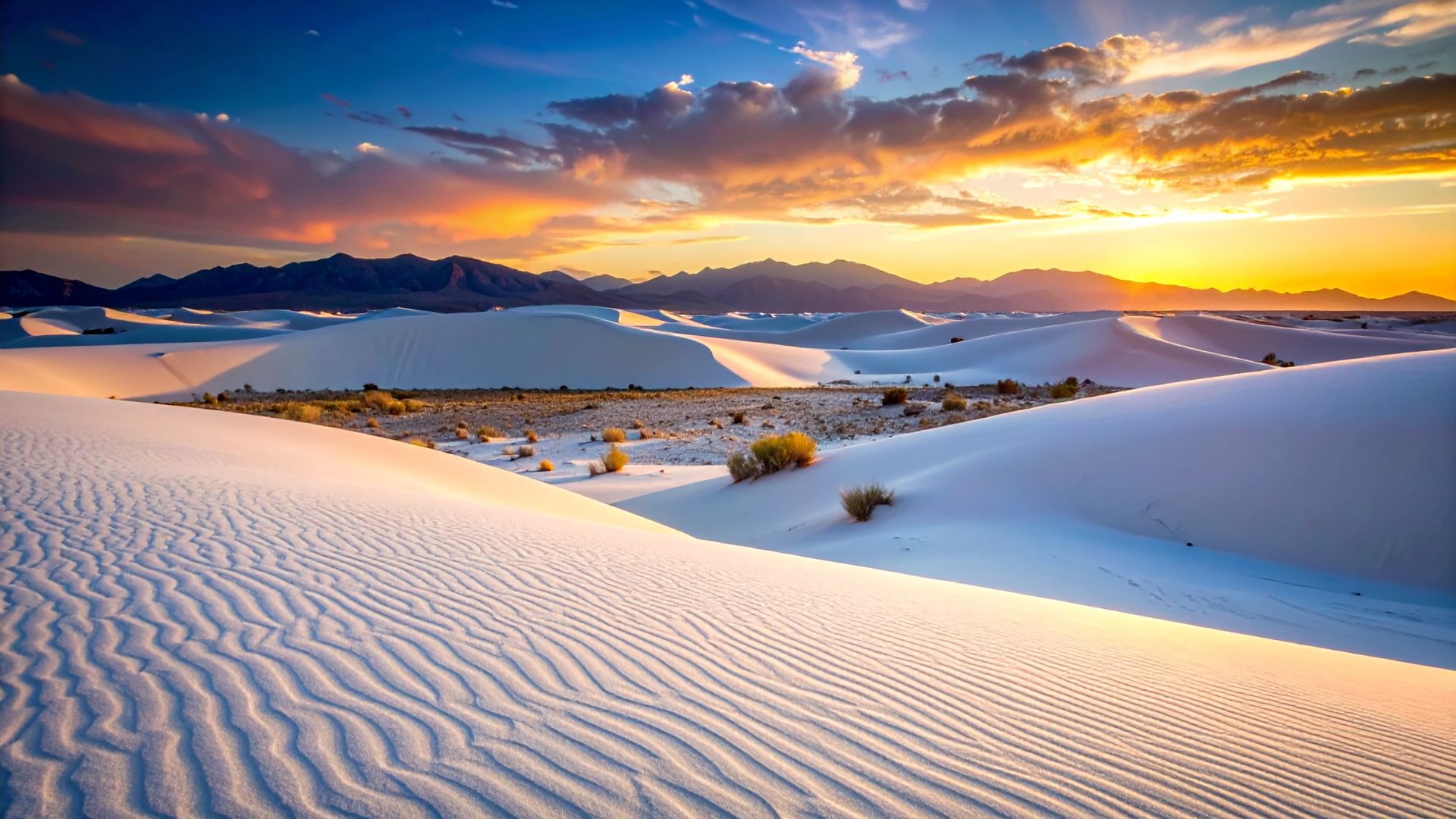 A vibrant sunset over the vast, rippling white gypsum sand dunes of White Sands National Park, with distant mountains silhouetted against the colorful sky.