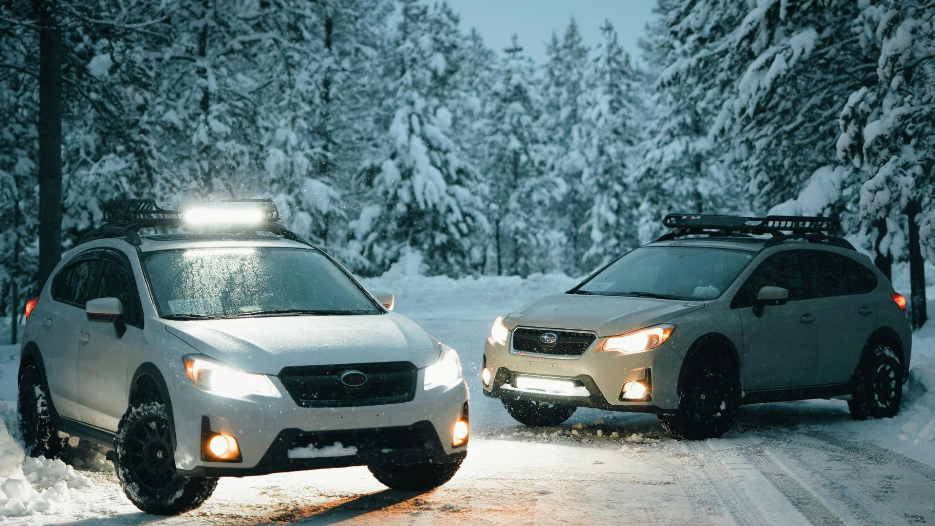 Two cars in a ssnowy road