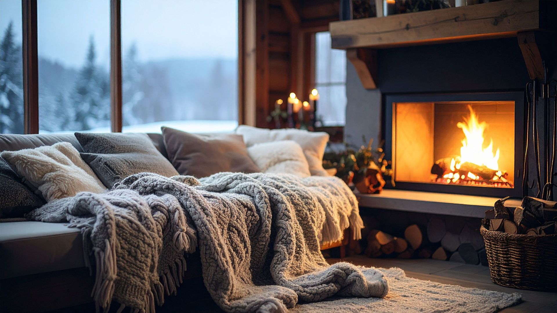 A cozy living room scene features a gray sofa covered with textured blankets and pillows facing a roaring fireplace with a wood mantle, with a large window in the background looking out onto a snowy, forested landscape.