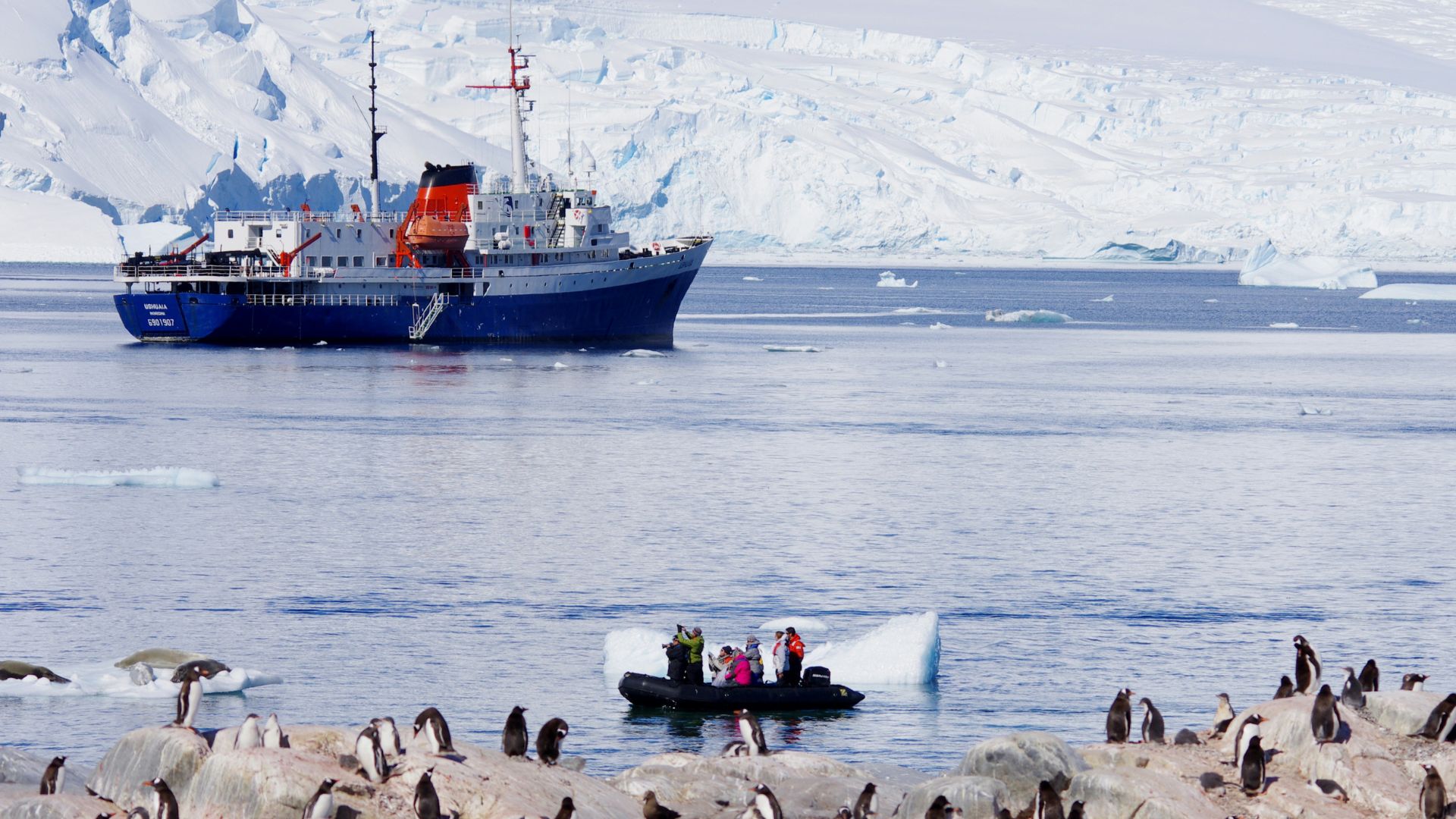 A blue and orange expedition cruise ship sails past a massive glacier wall in Antarctica, while tourists in a small black inflatable boat watch a colony of penguins on a rocky shore in the foreground.