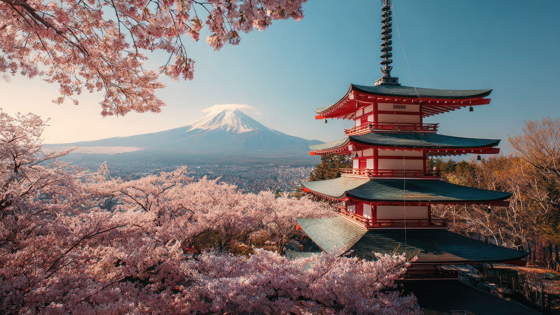 A panoramic view of the red, five-story Chureito Pagoda surrounded by vibrant pink cherry blossom trees, with the snow-capped Mount Fuji rising majestically in the distance under a blue sky.
