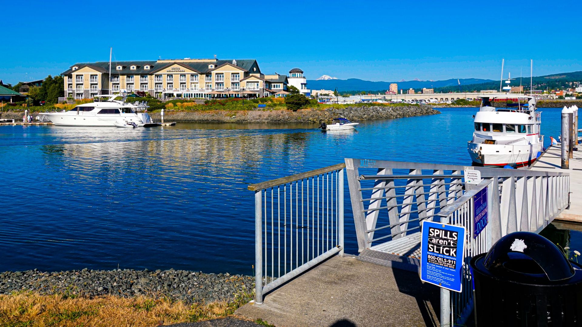 A sunny day at Squalicum Harbor marina in Bellingham, Washington, showing several white boats docked in the blue water, a large hotel building across the harbor, and the snow-capped peak of Mount Baker visible in the distant background.
