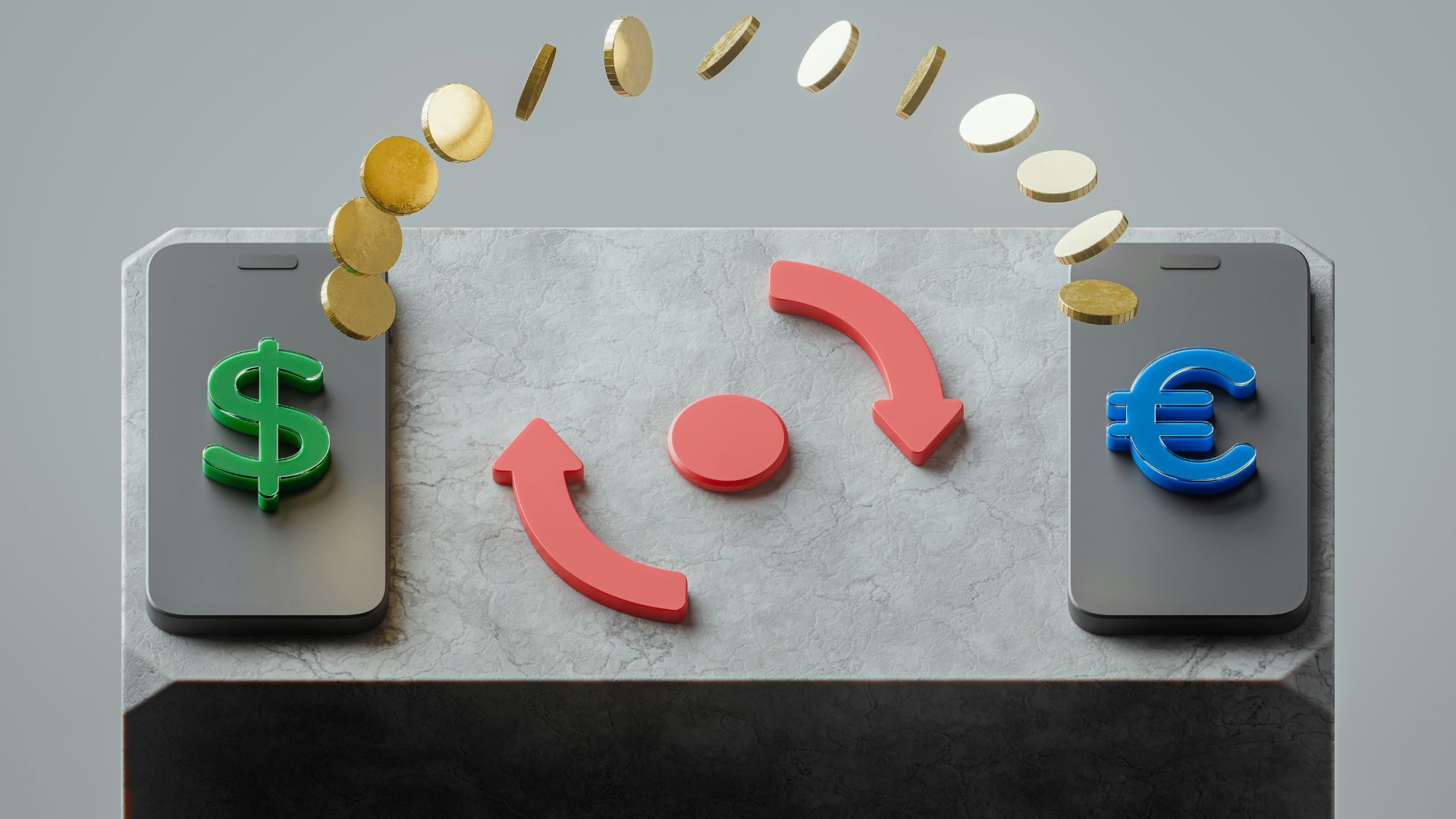A 3D illustration showing a dollar sign on a smartphone exchanging for a euro sign on another smartphone, with gold coins and arrows symbolizing a digital currency transfer or foreign exchange operation.