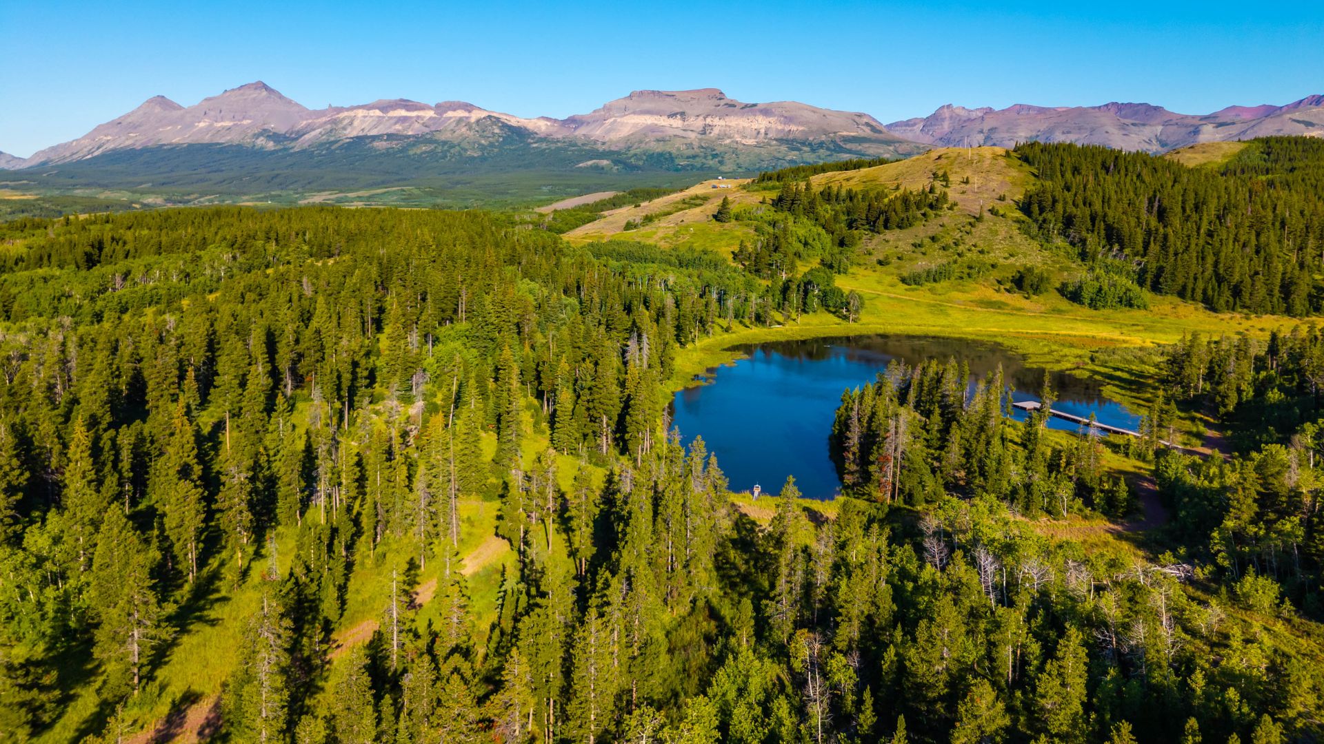 An aerial landscape photograph of a dark blue alpine lake surrounded by a dense green evergreen forest. Rolling, rugged mountain ridges rise in the background under a clear blue sky with a few faint white clouds.