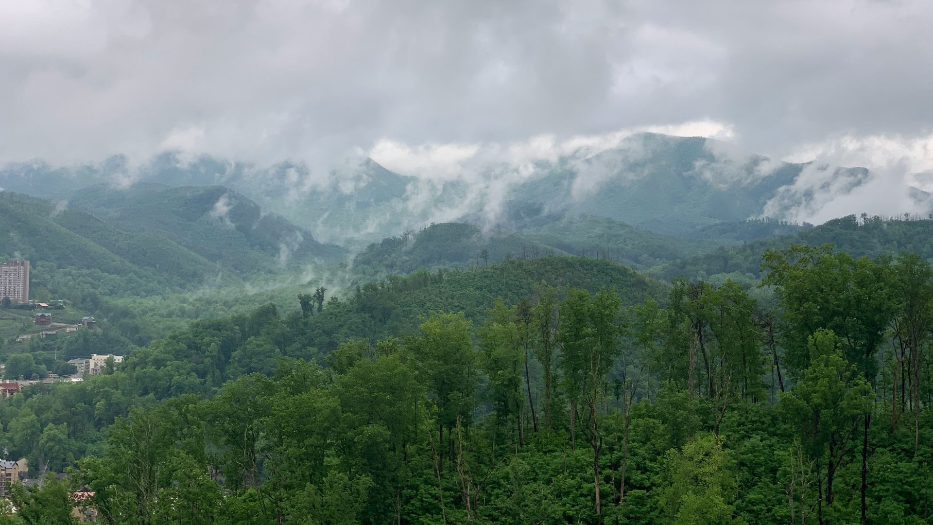 A panoramic photograph of lush, green, forested mountains shrouded in low-hanging gray clouds and mist. In the lower-left foreground, a few tall buildings of a small mountain town (Gatlinburg) are visible among the trees, highlighting the contrast between the developed area and the vast wilderness of the Great Smoky Mountains National Park beyond.