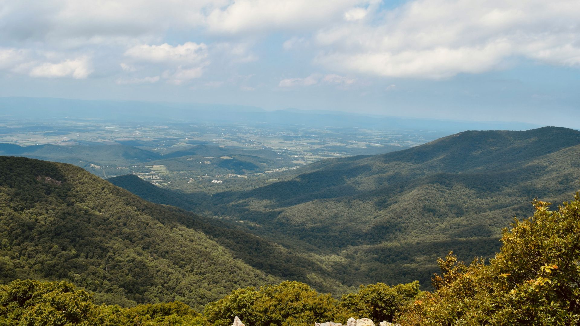A panoramic daytime view from a high mountain overlook in Shenandoah National Park. Lush, deep-green, forested mountainsides fill the foreground, leading down into a vast, hazy valley floor dotted with agricultural fields and towns in the distance. The sky above is bright blue with scattered white cumulus clouds.