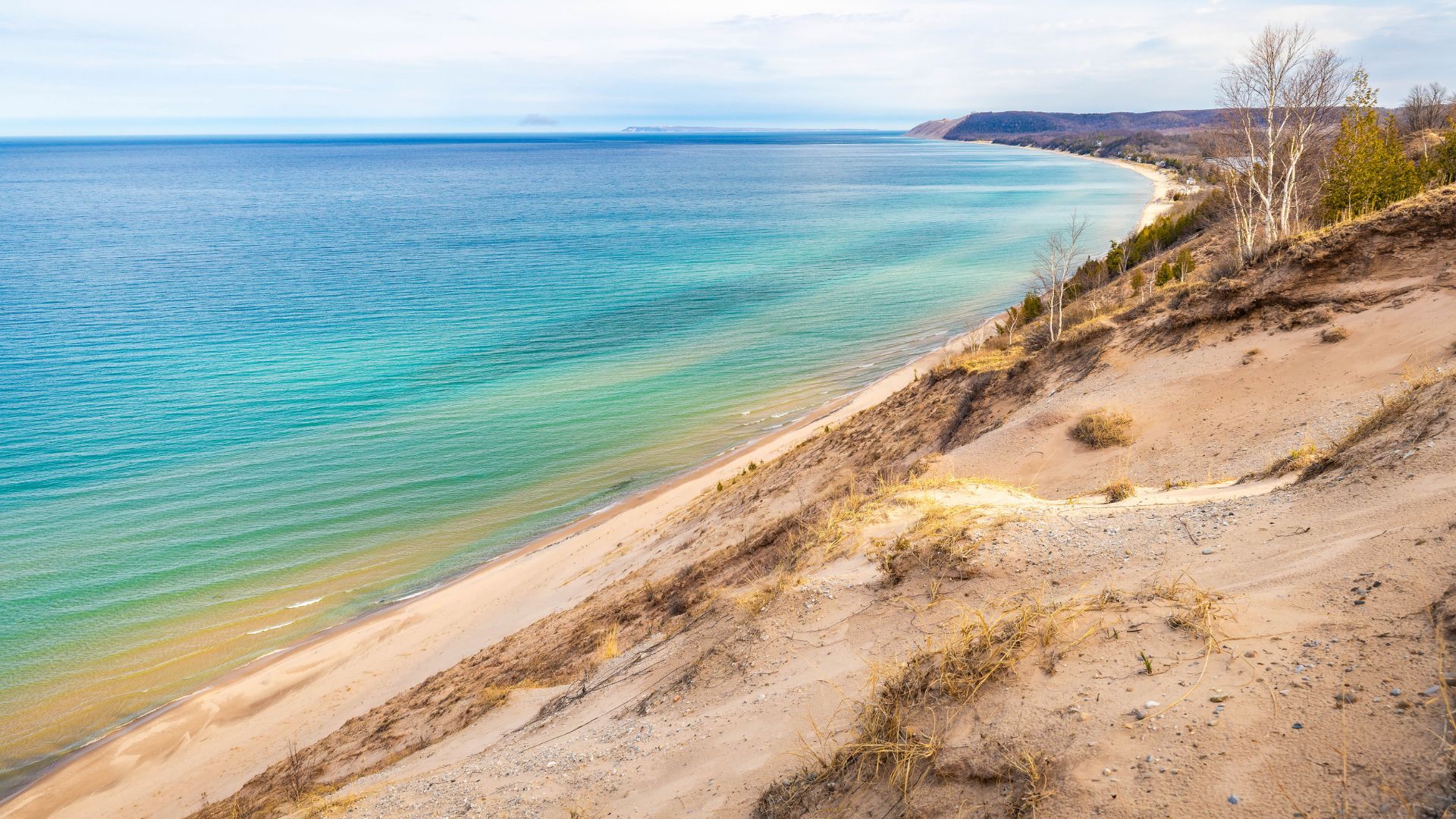 An elevated, panoramic view from a sandy bluff overlooking a wide, curving white sand beach and the turquoise water of Lake Michigan on a sunny day. The coastline stretches into the distance with more large sand dunes and a backdrop of green and autumnal forests under a partly cloudy sky.
