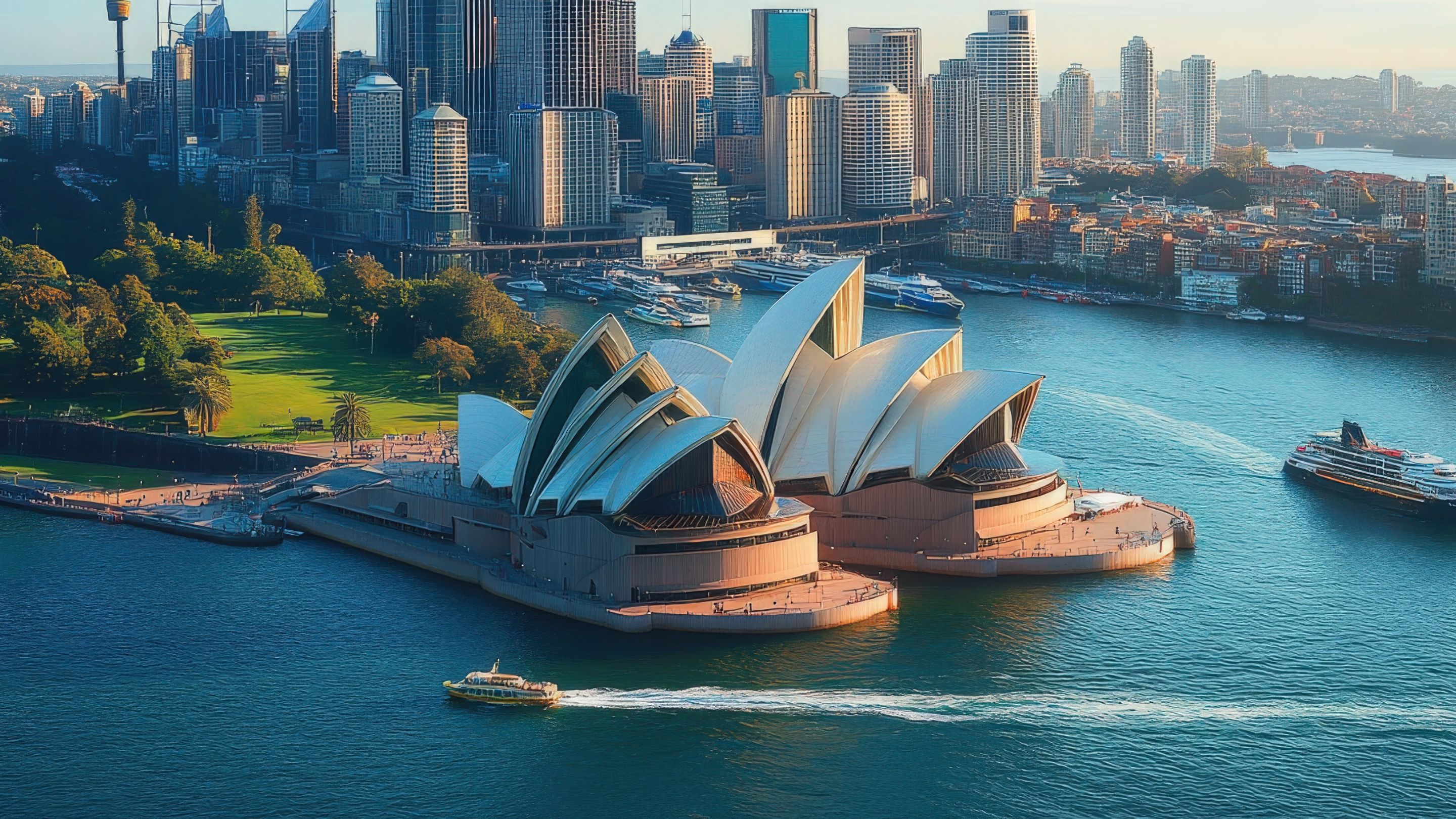 A scenic, elevated view of the white, sail-shaped Sydney Opera House on Sydney Harbour, with a bustling cityscape in the background under a blue sky.