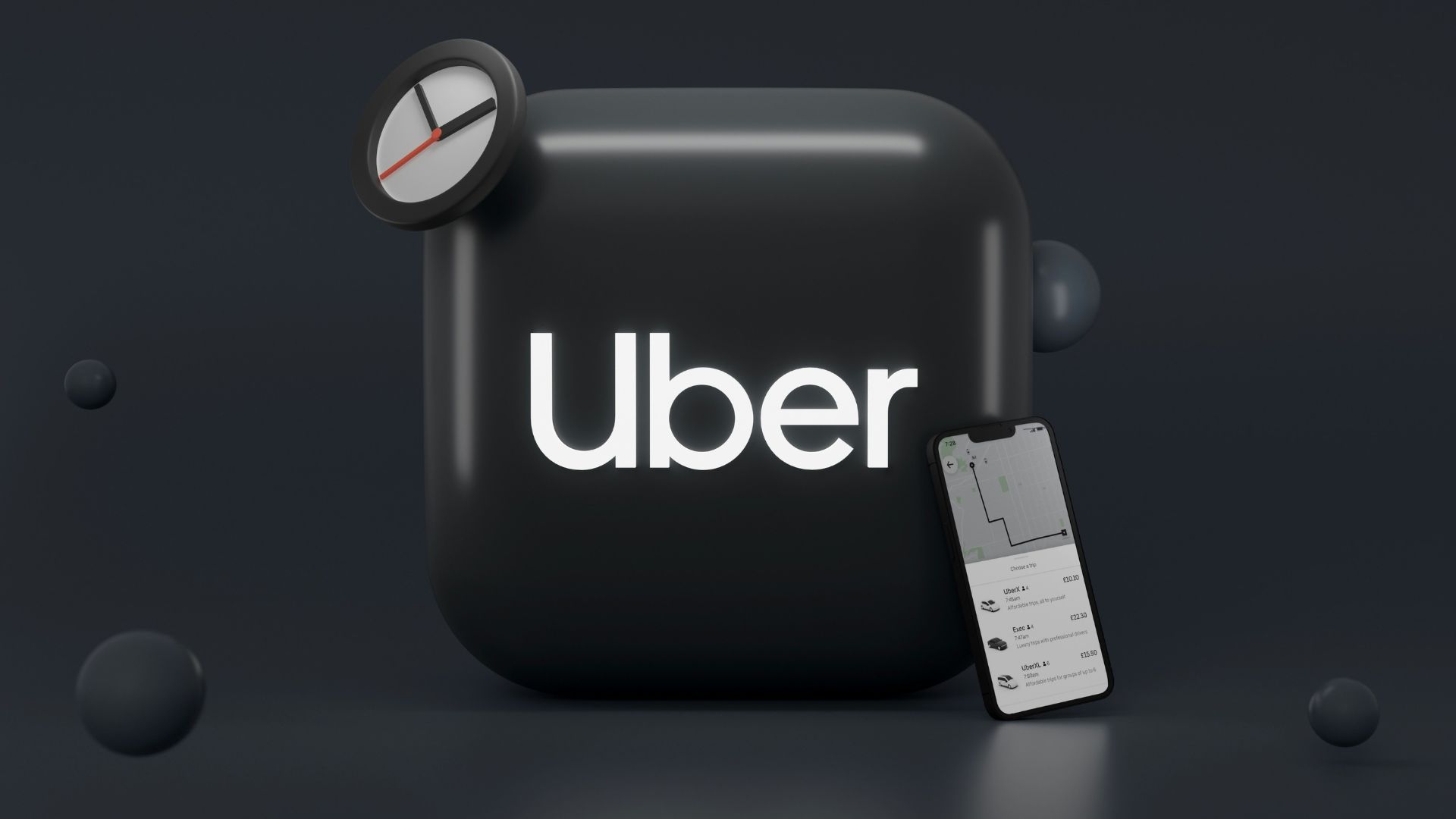 A 3D render of the white "Uber" logo on a large, rounded black block, accompanied by a small clock icon and a miniature smartphone displaying the Uber app interface, against a dark gray background.