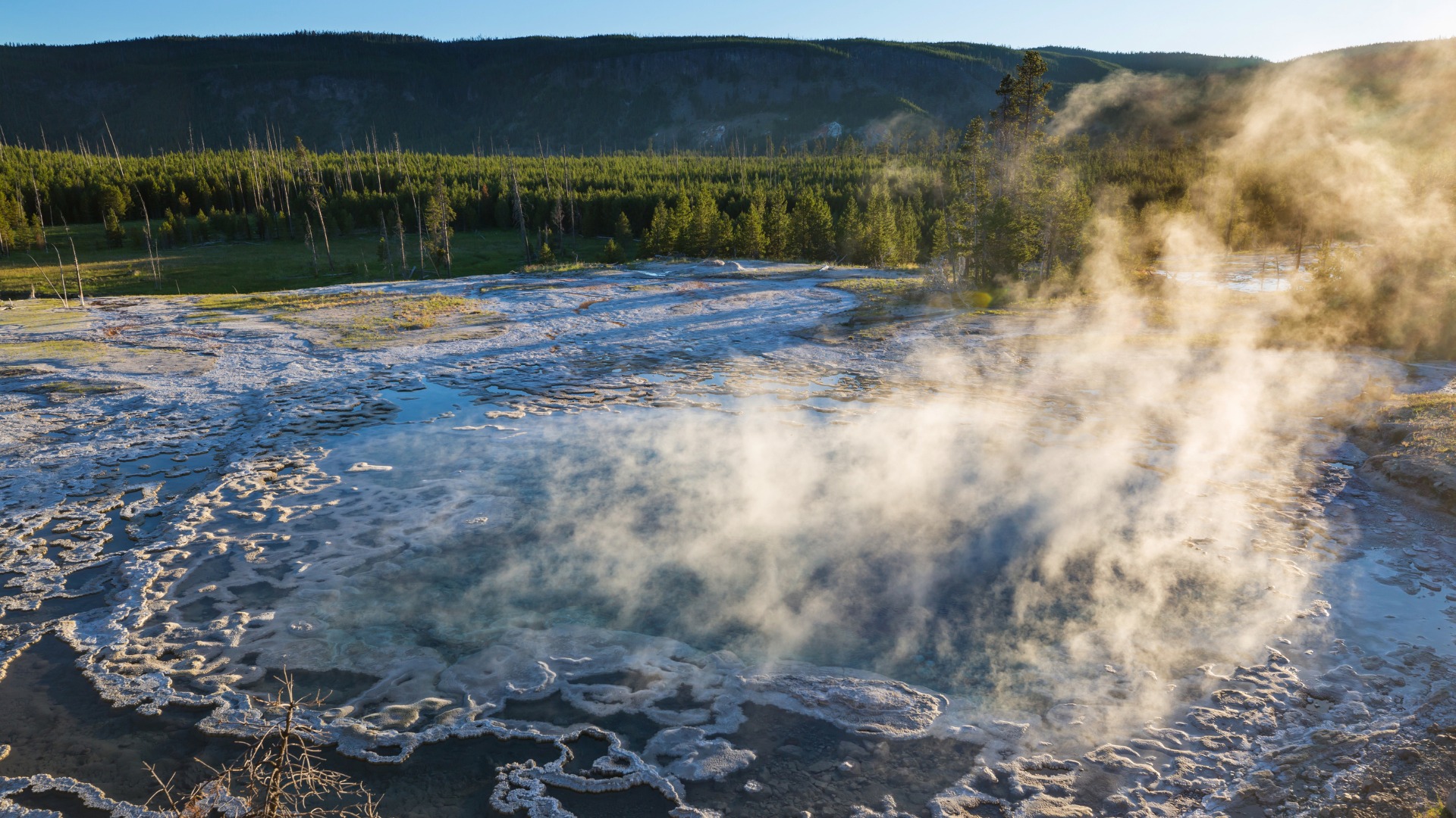 A steaming geothermal pool in Yellowstone National Park on the main canvas.